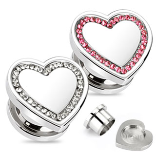 Piercing plug acier coeur pav� de pierres