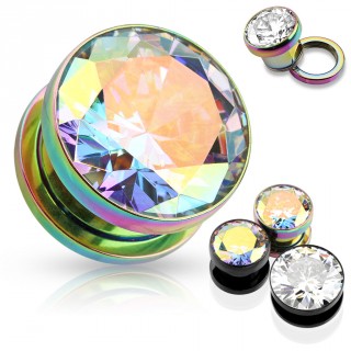 Piercing plug �carteur en acier IP Titanium avec pierre multi-facettes