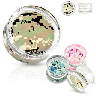 Piercing plug �carteur en acrylique transparent � motif camouflage pix�lis�