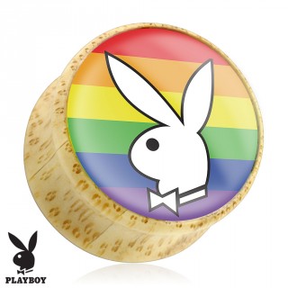 Piercing plug �carteur en bois Playboy avec lapin sur drapeau gay