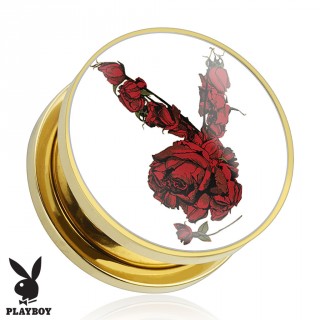 Piercing plug �carteur Playboy en acier dor� avec lapin de roses rouges