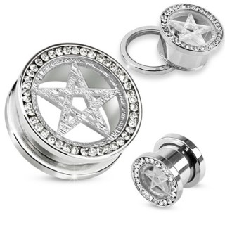 Piercing plug en acier avec bord pav� de pierres claires et �toile