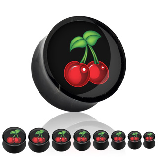 Piercing plug noir imprim� cerises et feuilles