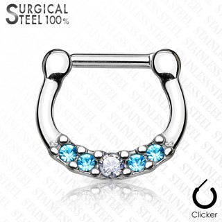 Piercing septum acier � 5 cristaux clair et bleus asym�triques