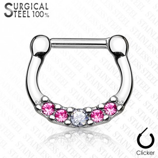 Piercing septum acier � 5 cristaux clair et roses asym�triques