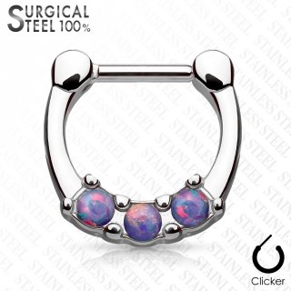 Piercing septum acier serti de trois Opales pourpres