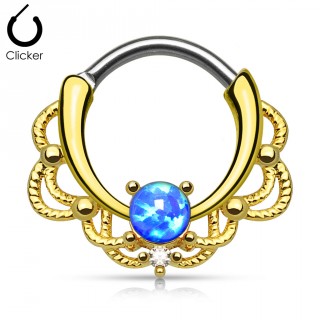 Piercing septum dor� � design cordage sertie d'une Opale bleue