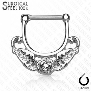 Piercing septum en acier d�cor� d'une rose avec ses feuilles