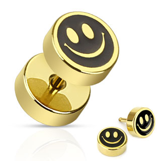 Piercing style faux plug dor� et noir avec smiley