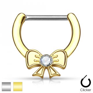 Piercing t�ton � clips � noeud papillon serti d'un strass clair