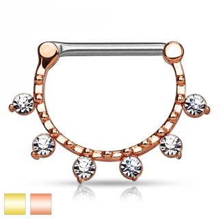 Piercing t�ton � clips en arc perl� et serti de six pierres rondes
