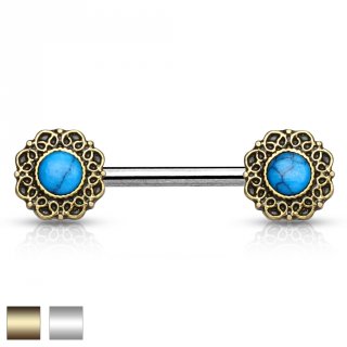 Piercing t�ton � couronnes de coeurs avec turquoises