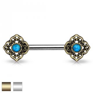 Piercing t�ton � fleurs tribales avec turquoises