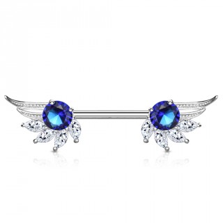 Piercing t�ton ailes d'ange majestueuses � strass clairs et bleu