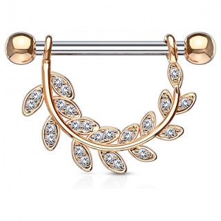 Piercing t�ton arc de feuilles pav� de strass - Cuivr�