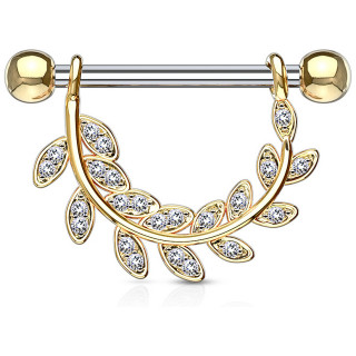 Piercing t�ton arc de feuilles pav� de strass - Dor�
