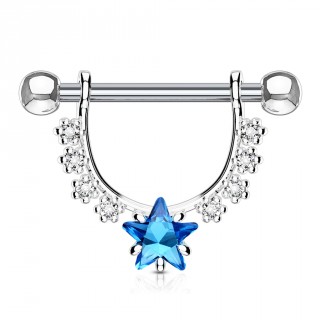 Piercing t�ton � arc de fleurs et �toile strass bleue