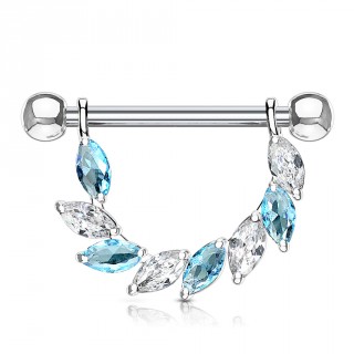 Piercing t�ton � arc de pierres bleues et claires taill�es en marquises
