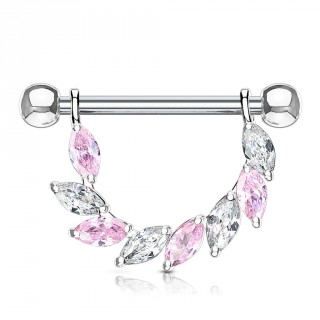 Piercing t�ton � arc de pierres roses et claires taill�es en marquises