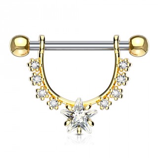 Piercing t�ton � arc dor� fleuri et �toile strass