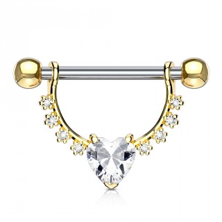 Piercing t�ton � arc dor� fleuri et gros coeur strass