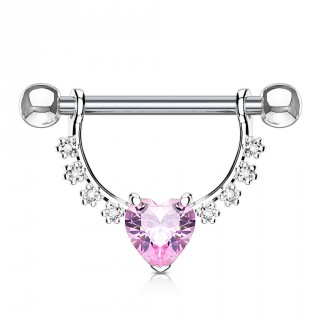 Piercing t�ton � arc fleuri et gros coeur strass rose