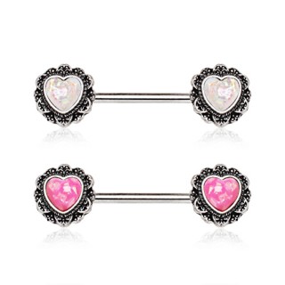 Piercing t�ton avec coeurs en Opale taill�s