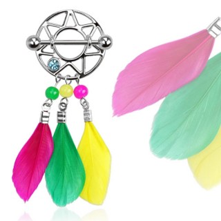 Piercing t�ton avec �toile cercl�e et plumes color�es