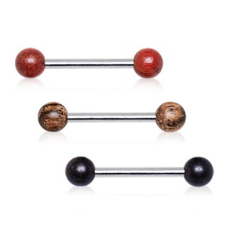 Piercing t�ton barbell � boules en bois naturel