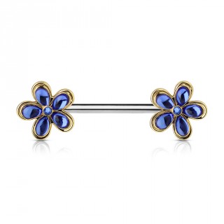 Piercing t�ton barre acier petites fleurs bleues et dor�es � cinq p�tales