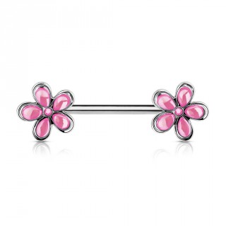 Piercing t�ton barre acier petites fleurs roses � cinq p�tales