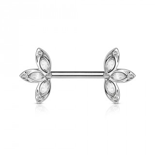 Piercing t�ton barre acier trois p�tales claires serties de cristaux