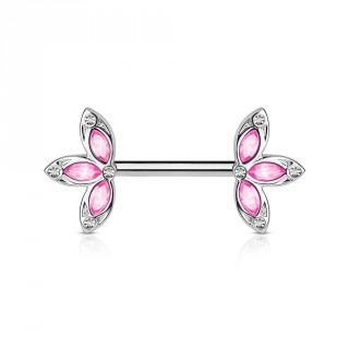 Piercing t�ton barre acier trois p�tales roses serties de cristaux