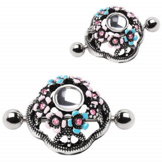 Piercing t�ton � bouclier champs de fleurs