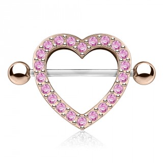 Piercing t�ton bouclier coeur pav� de strass - Cuivr� et rose