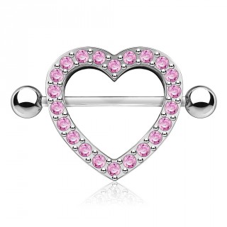 Piercing t�ton bouclier coeur pav� de strass - Rose