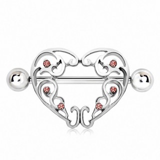 Piercing t�ton bouclier coeur vintage � strass roses
