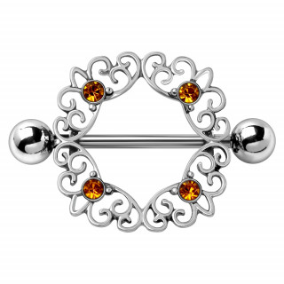 Piercing t�ton � bouclier ornemental serti de pierres ambr�es