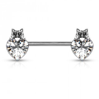 Piercing t�ton � coeur cristal et t�te de chat - Clair