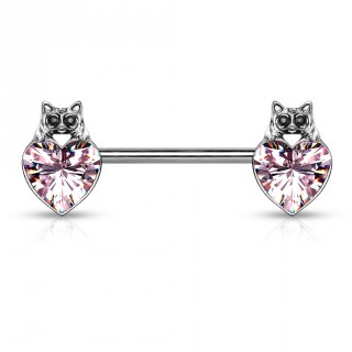 Piercing t�ton � coeur cristal et t�te de chat - Rose