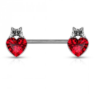Piercing t�ton � coeur cristal et t�te de chat - Rouge