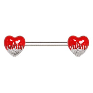 Piercing t�ton coeurs rouges et flammes