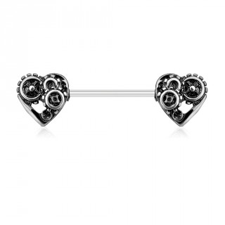 Piercing t�ton � coeurs steampunk - Argent� antique
