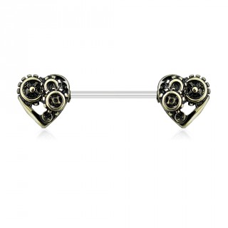 Piercing t�ton � coeurs steampunk - Dor� antique