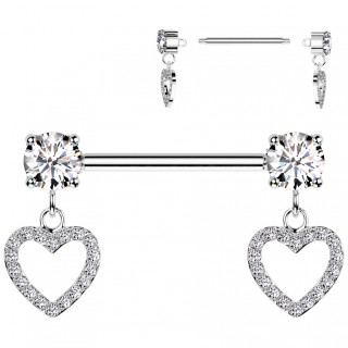 Piercing t�ton � coeurs suspendus pav�s de zirconiums