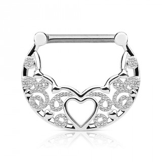 Piercing t�ton croissant de coeur et arabesques argent�