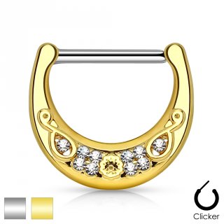 Piercing t�ton croissant de lune d�cor� et pav� de strass