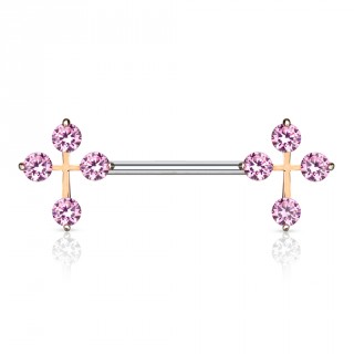 Piercing t�ton � croix latines cuivr�es serties de pierres roses