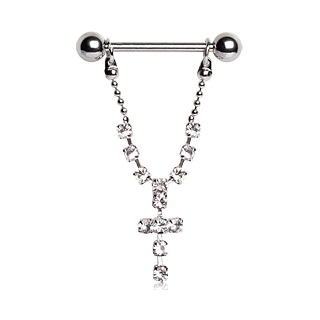 Piercing t�ton � croix strass suspendue - Clair