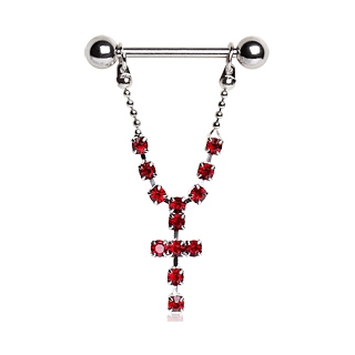 Piercing t�ton � croix strass suspendue - Rouge